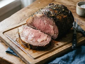 Carved standing rib roast showing juicy medium-rare slices