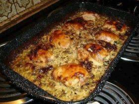 No-Peek Chicken and Rice with tender chicken thighs and creamy baked rice