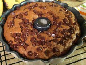 Easy chocolate chip Bundt cake made with cake mix, pudding, sour cream, and chocolate chips