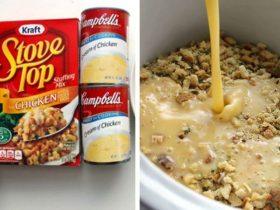 Dump 4 ingredients into a slow cooker. End result is a hearty, tasty chicken and stuffing