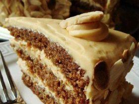 Brown sugar butterscotch layer cake covered with thin cooked caramel icing
