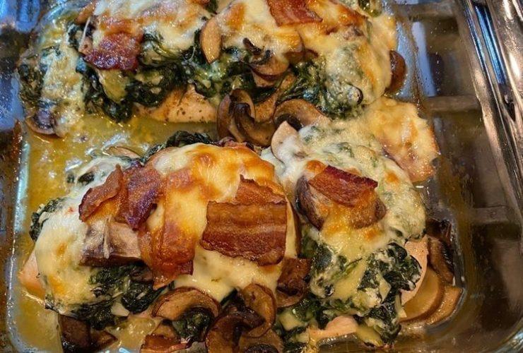 Smothered Chicken with Creamed Spinach, Bacon And Mushrooms