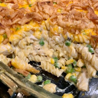 Creamy Chicken Noodle Casserole with vegetables, cheddar, and golden Panko topping