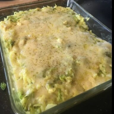 Broccoli Rice Cheese and Chicken Casserole with cheddar and buttery Ritz topping