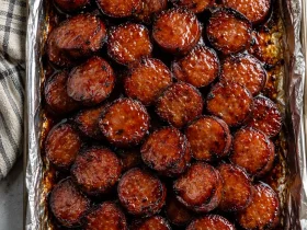 Brown Sugar Kielbasa Bites with sticky glaze