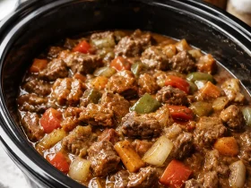 Slow cooker pepper steak with sliced beef in a savory sauce