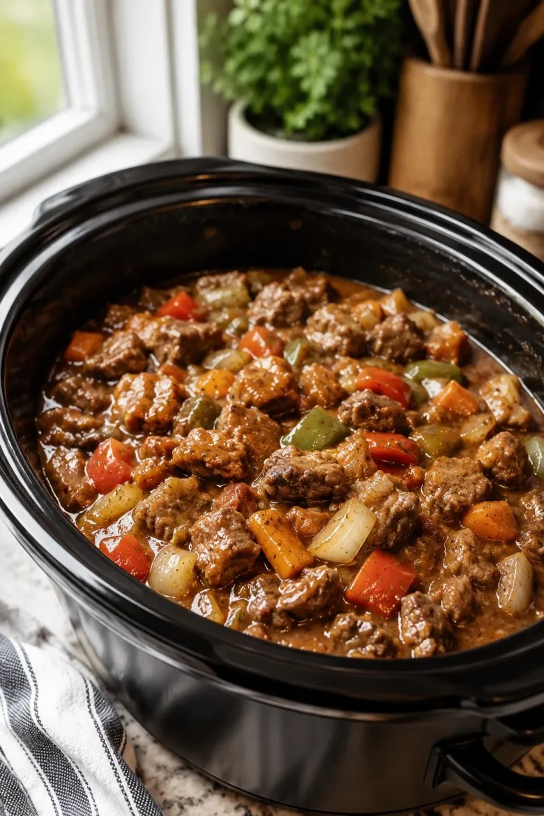 Slow cooker pepper steak with sliced beef in a savory sauce