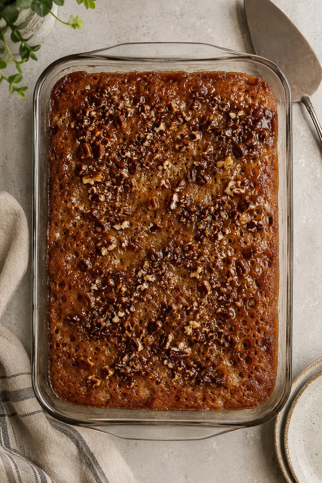 Moist pineapple Granny Cake with brown sugar and pecan topping