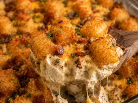Baked tater tot casserole with ranch chicken, bacon, and melted cheese