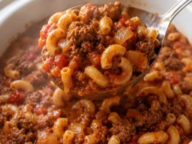 Finished slow cooker slumgullion with tender macaroni and ground beef