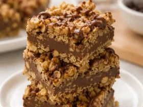 Stacked no-bake chocolate oat bars with a thick chocolate peanut butter center