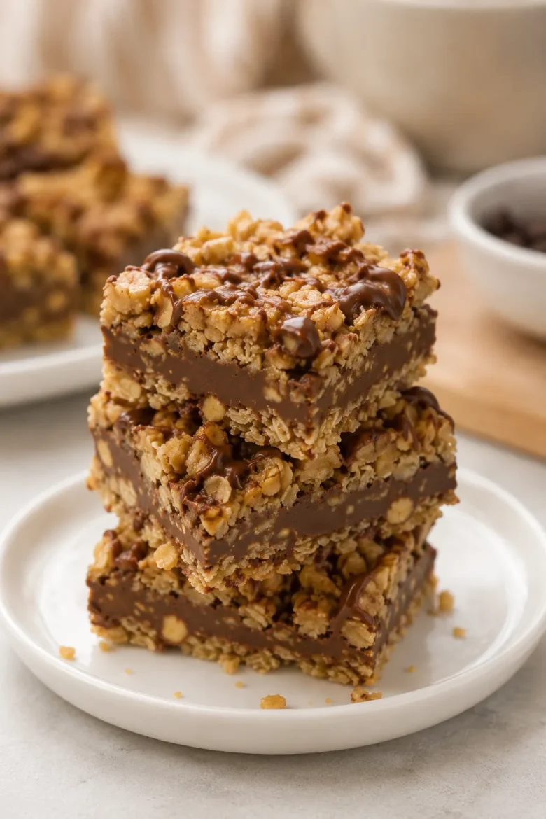 Stacked no-bake chocolate oat bars with a thick chocolate peanut butter center