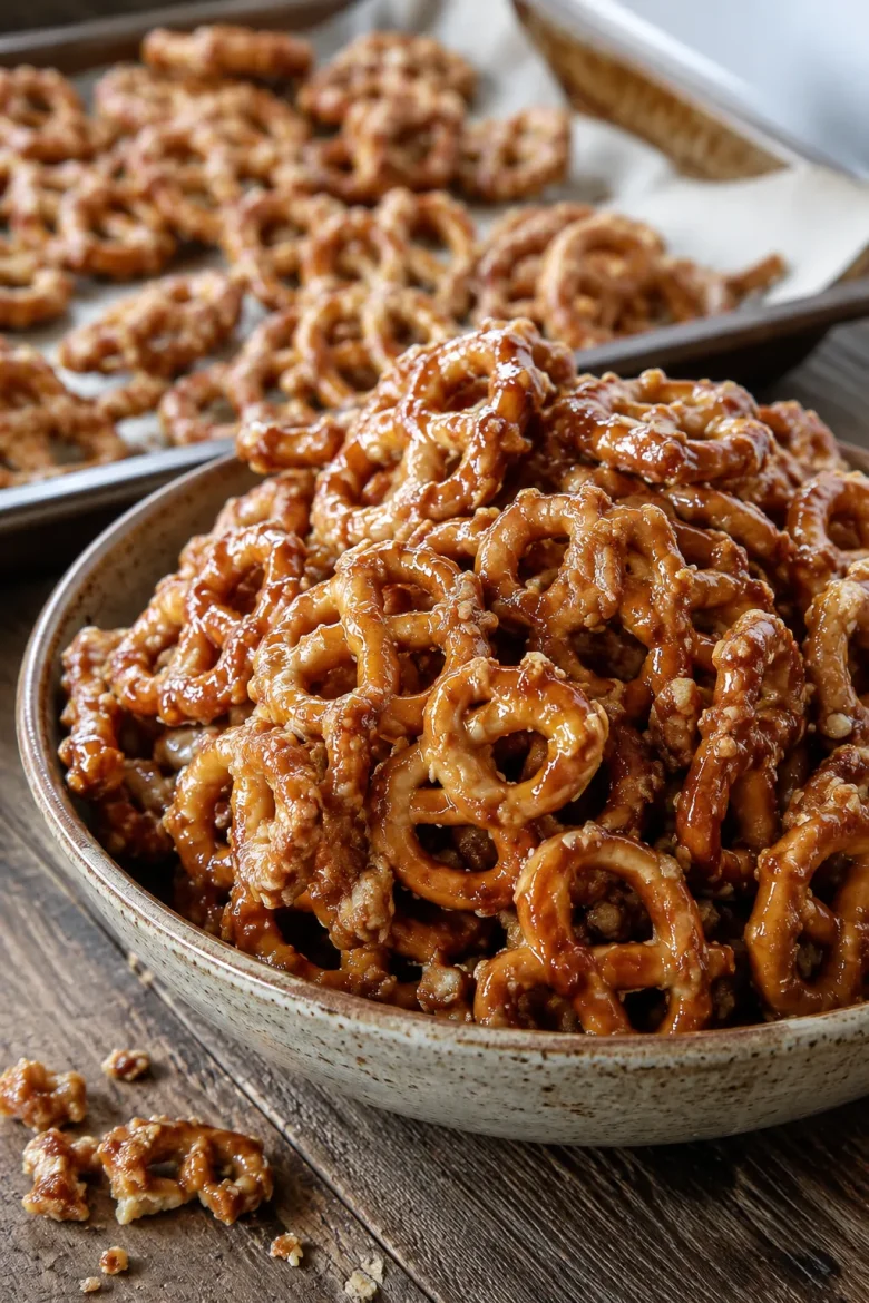 Butter toffee pretzels coated in glossy homemade toffee