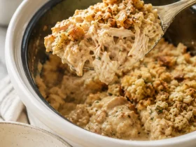 Finished slow cooker chicken and stuffing ready to serve