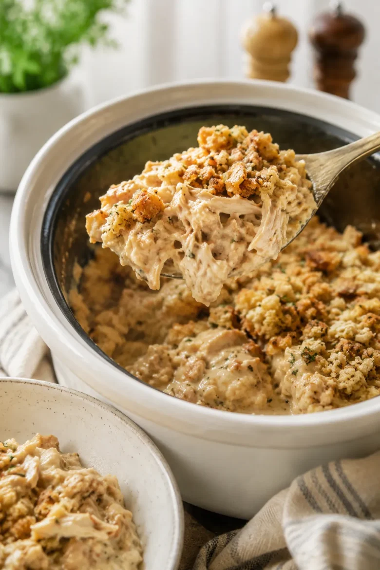 Finished slow cooker chicken and stuffing ready to serve