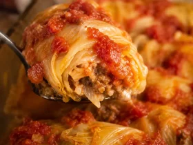 Cabbage rolls baked until tender with savory beef, rice, and tomato sauce