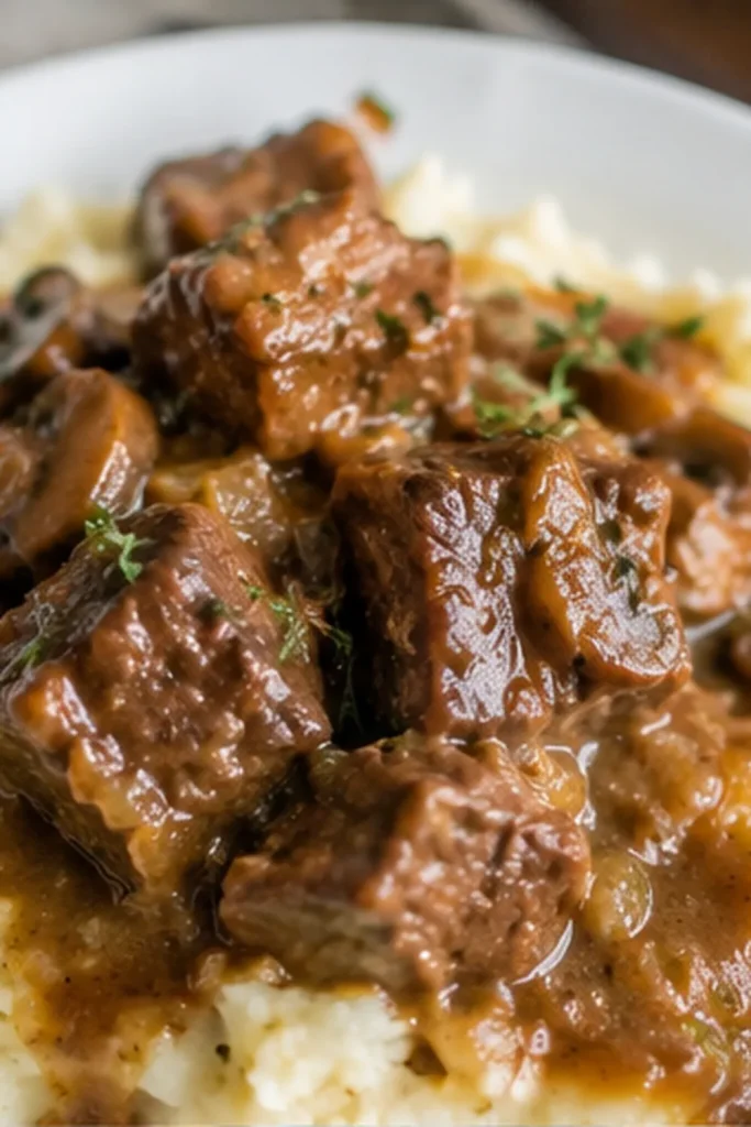 Melt In Your Mouth Beef Tips with Mushroom Gravy