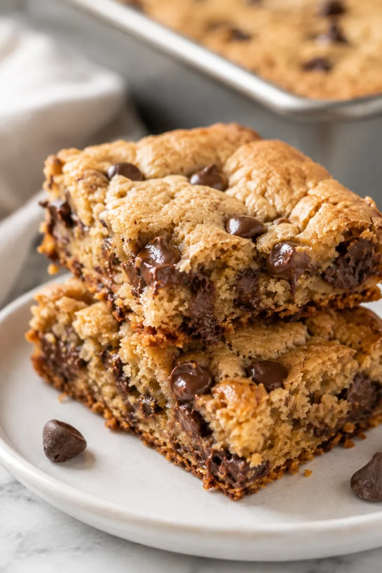 Stacked 4-Ingredient Lazy Chocolate Chip Cookie Bars with melted chocolate chips
