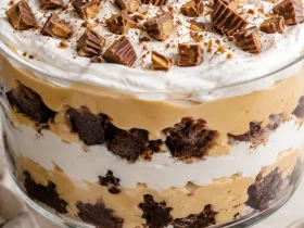Heaven in a Bowl dessert layered with brownies, peanut butter pudding, whipped topping, and Reese’s cups