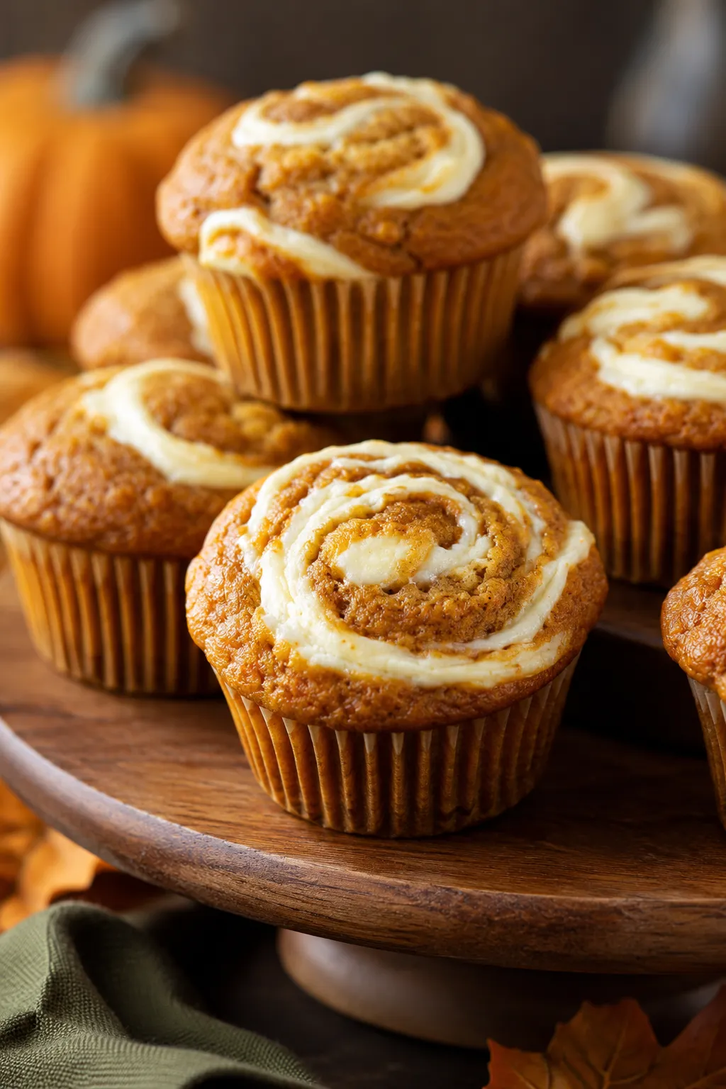 Freshly baked Pumpkin Cream Cheese Swirl Muffins with golden tops and maple cream cheese swirls