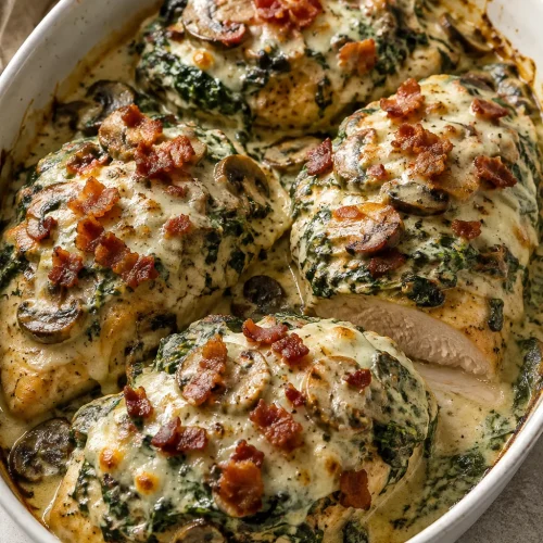 Smothered Chicken with Creamed Spinach Bacon And Mushrooms