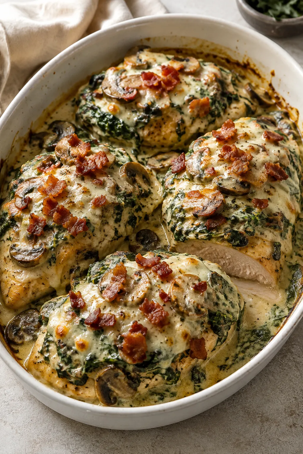 Smothered Chicken with Creamed Spinach Bacon And Mushrooms