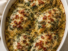 Smothered Chicken with Creamed Spinach Bacon And Mushrooms
