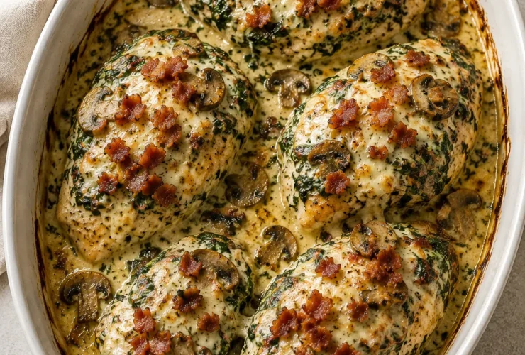 Smothered Chicken with Creamed Spinach Bacon And Mushrooms
