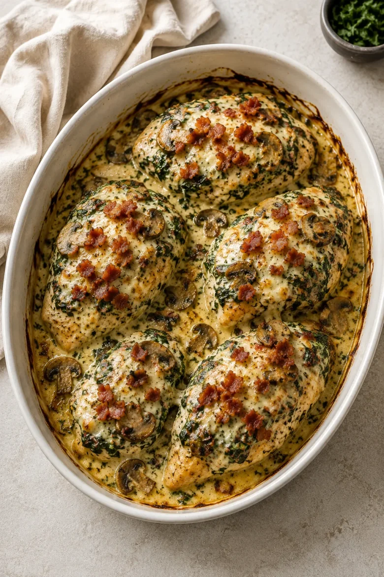 Smothered Chicken with Creamed Spinach Bacon And Mushrooms