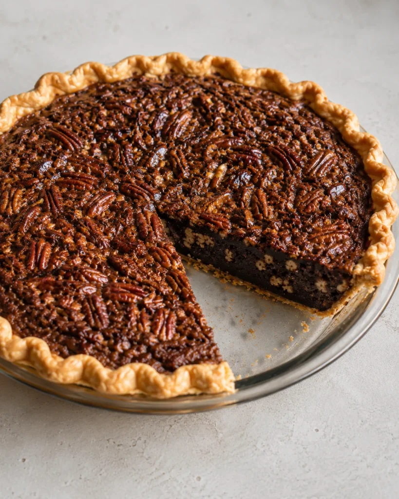 Chocolate fudge pecan pie showing a smooth chocolate filling and toasted pecans