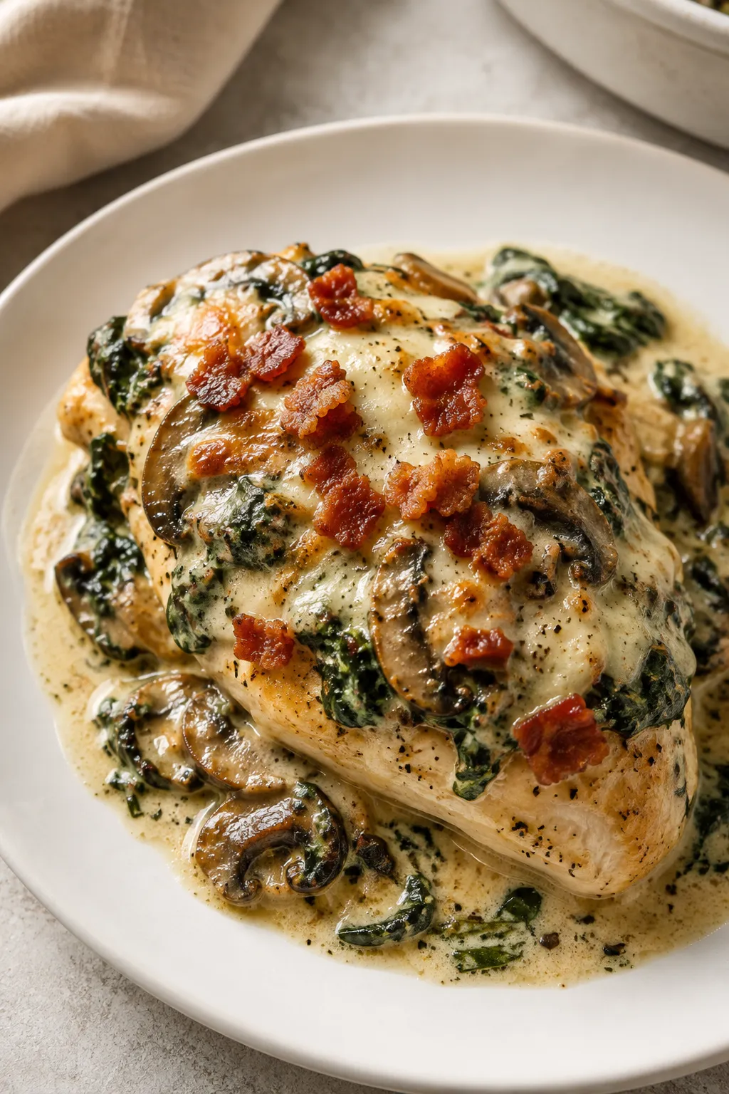 Smothered Chicken with Creamed Spinach Bacon And Mushrooms
