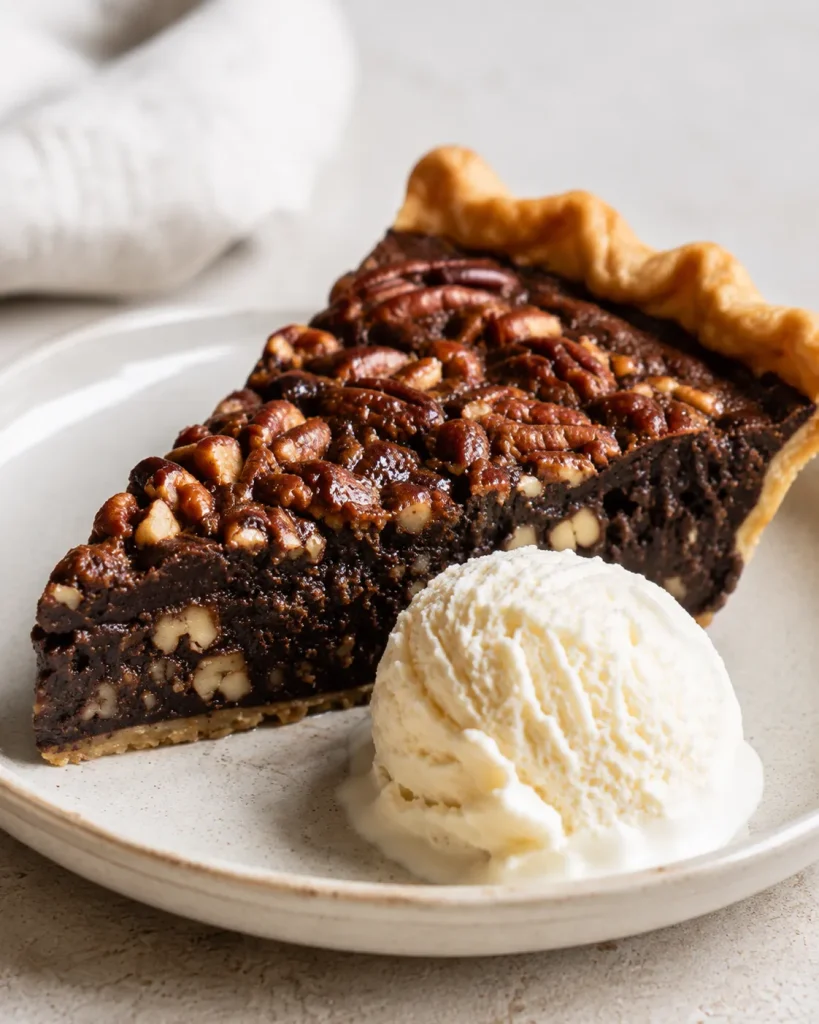 Finished chocolate fudge pecan pie ready to serve with a rich fudgy center