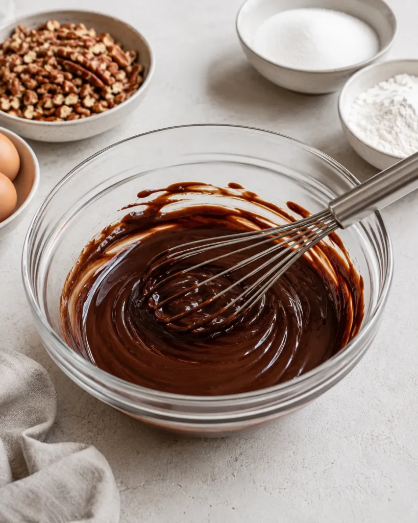 Slice of chocolate fudge pecan pie with a rich chocolate filling and pecan pieces