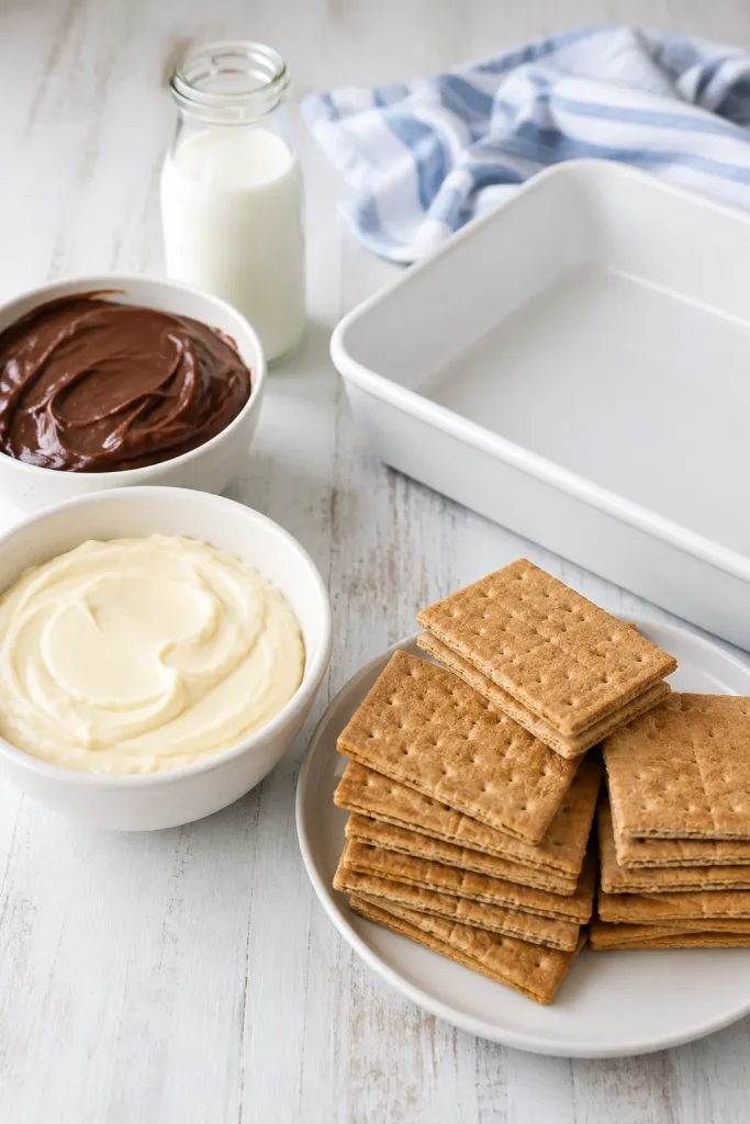 ingredients for no-bake chocolate eclair cake with pudding graham crackers whipped topping and chocolate frosting