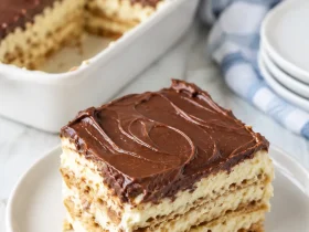 Slice of No-Bake Chocolate Eclair Cake on a serving plate