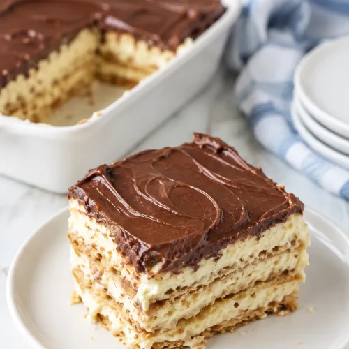 chocolate eclair cake in a serving plate