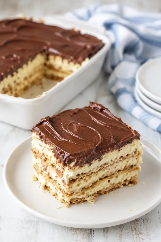 served square of no-bake chocolate eclair cake showing graham cracker and vanilla pudding layers