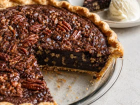 Whole chocolate fudge pecan pie with a rich baked filling and flaky crust