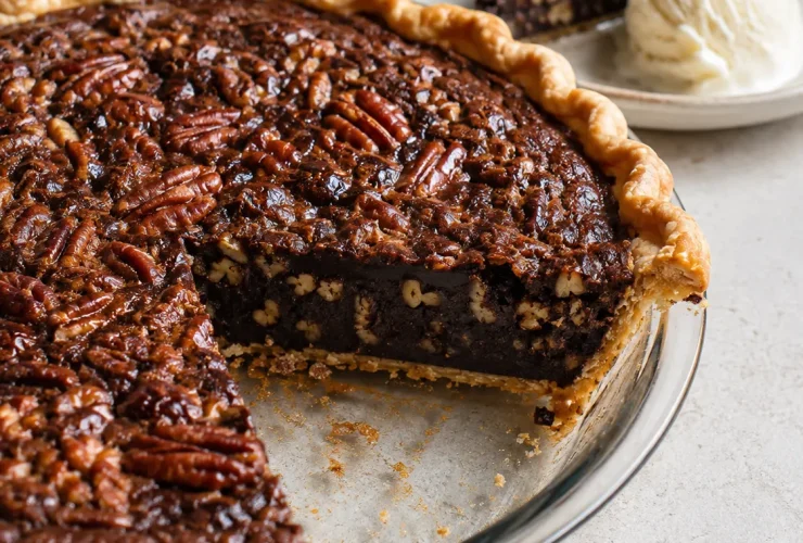 Whole chocolate fudge pecan pie with a rich baked filling and flaky crust
