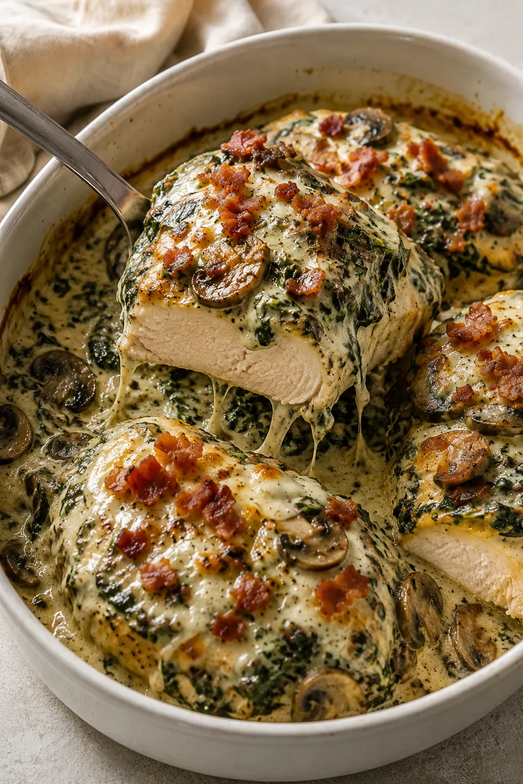 Smothered Chicken with Creamed Spinach Bacon And Mushrooms