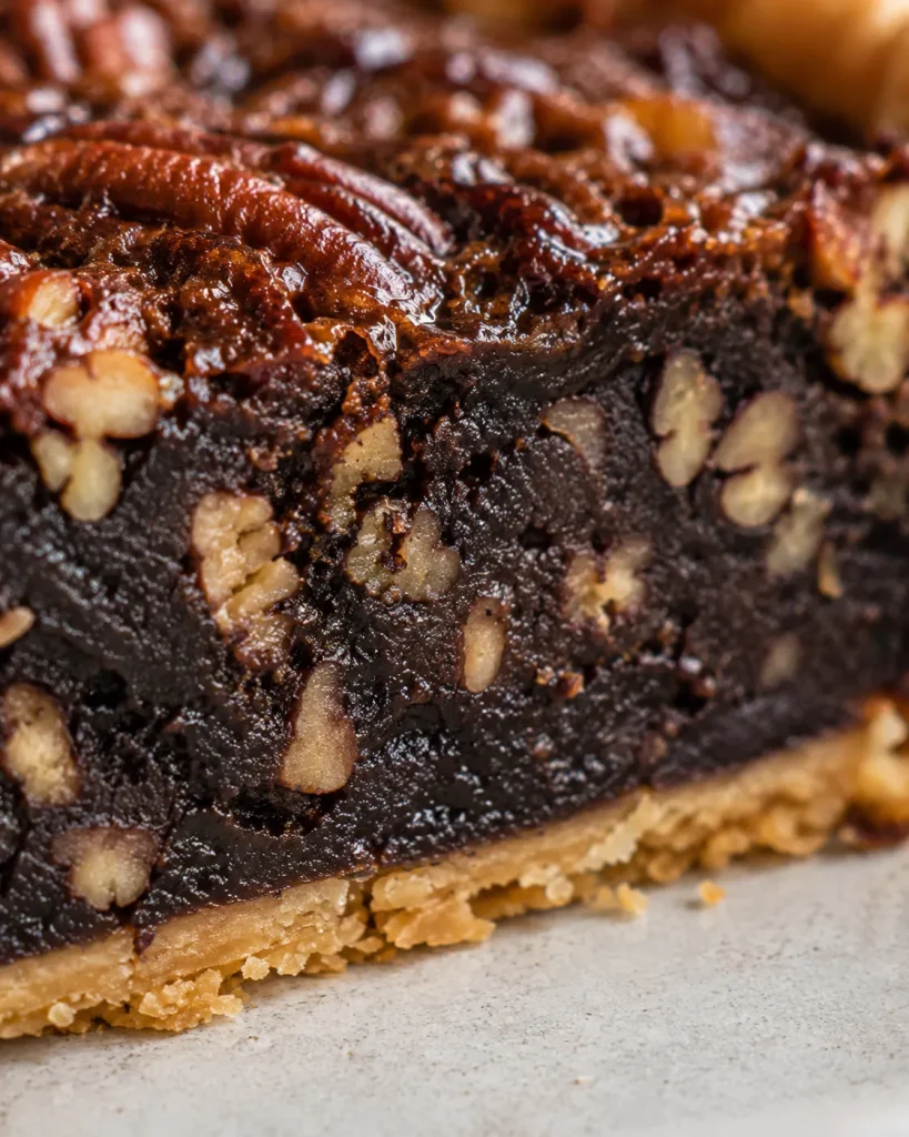 Baked chocolate pecan pie with semisweet chocolate and a flaky pie crust