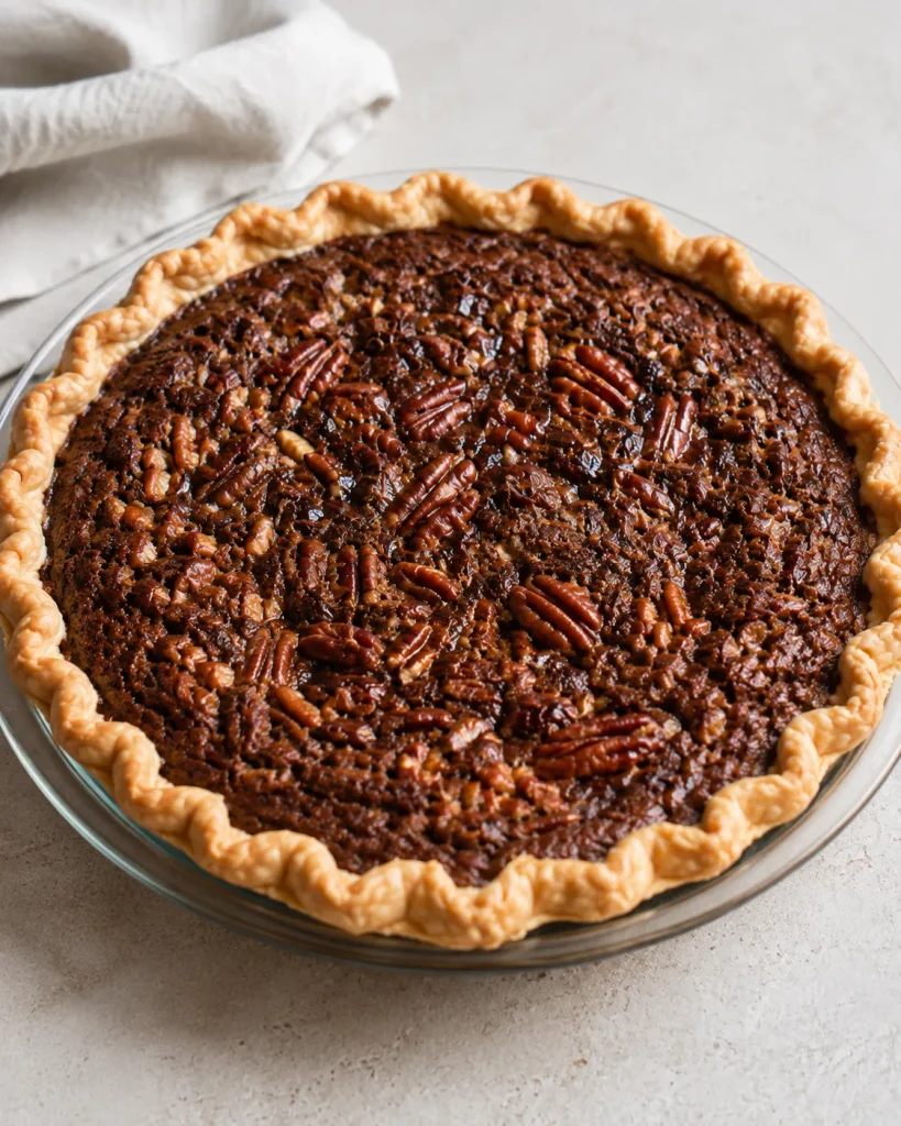 Chocolate pecan pie with a fudgy semisweet chocolate center and chopped pecans