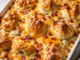 Unbaked Chicken Bubble Biscuit Bake Casserole topped with shredded cheese