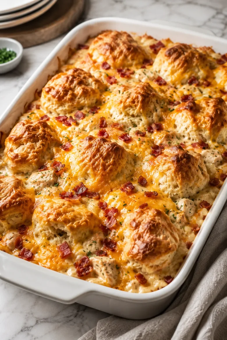 Unbaked Chicken Bubble Biscuit Bake Casserole topped with shredded cheese