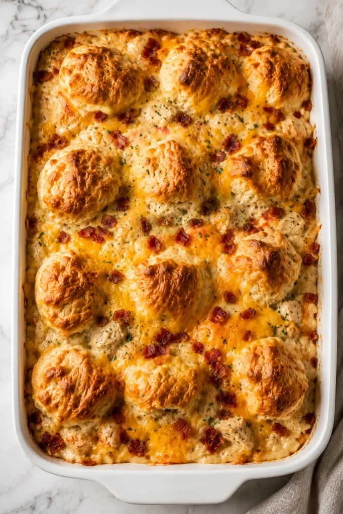 Serving of Chicken Bubble Biscuit Bake Casserole on a plate