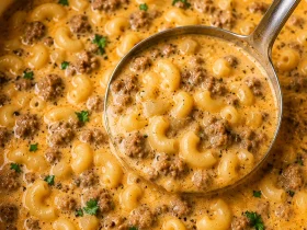 Finished one-pot macaroni cheeseburger soup ready to serve