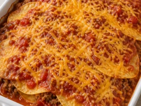 Baked Mexican taco lasagna with corn tortillas, salsa, and melted Colby cheese in a white baking dish