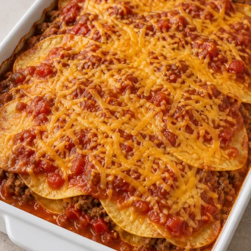 Baked Mexican taco lasagna with corn tortillas, salsa, and melted Colby cheese in a white baking dish