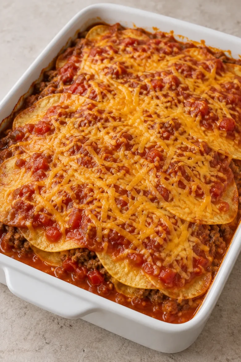 Baked Mexican taco lasagna with corn tortillas, salsa, and melted Colby cheese in a white baking dish