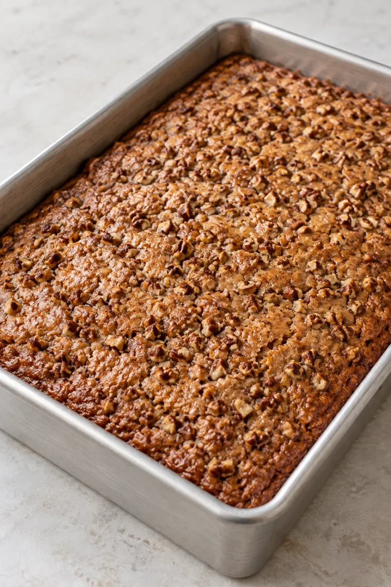 Baked Sweet Alabama Pecan Bread with chopped pecans in a rectangular metal pan